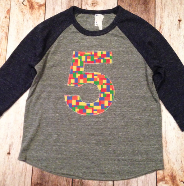 5th five bright Building Bricks birthday shirt Eco navy grey Boys Birthday Shirt 2 3 4 5 6 7 8 Year Old  Birthday sports raglan basball