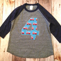 Fire truck Birthday shirt firetruck boy&#39;s baseball Navy and Grey 4th four 4 fire truck men firetrucks firemen Fabric Birthday Shirt Birthday