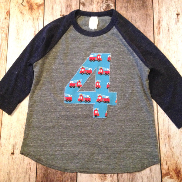 Fire truck Birthday shirt firetruck boy&#39;s baseball Navy and Grey 4th four 4 fire truck men firetrucks firemen Fabric Birthday Shirt Birthday