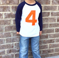 Orange 4 Birthday Shirt on Navy and White Raglan Birthday blue sports baseball long sleeves ball 4th four 1 2 3 5 6 7 8 9 party theme favors