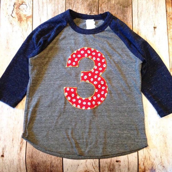 Dog Paws birthday shirt animals pet zoo patrol navy grey Boys 2 3 4 5 6 7 8 Year Old sports raglan basball red footprints puppy prints cubs
