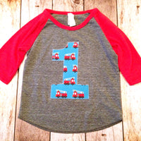 Boys 1st Firetruck Birthday shirt one first one firetruck boy&#39;s baseball red and Grey raglan fire men firemen Fabric Birthday Shirt