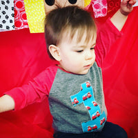 Boys 1st Firetruck Birthday shirt one first one firetruck boy&#39;s baseball red and Grey raglan fire men firemen Fabric Birthday Shirt