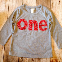 Bandana farm Birthday Shirt one 1st boys red barn animls cowboy cow horse toy on heather grey cotton long sleeve birthday shirt first story
