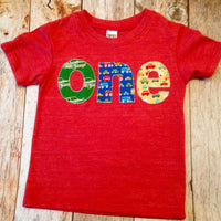 Blue or red cars 1st Birthday Shirt one shirt triblend indigo red blue and yellow cars trucks for boys 1 year Birthday Shirt primary colors