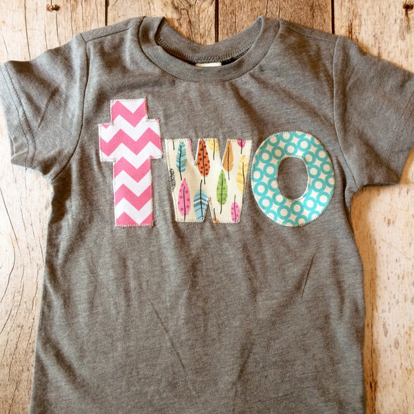 Feather woods girls birthday shirt tribal teepee birds arrow camp pink  aqua blue teal cream Lowercase two on a triblend grey tshirt outfit
