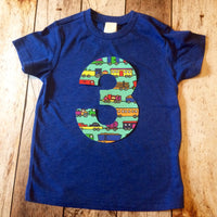 Train tank engine locomotive birthday outfit 1 2 3 4 5 Birthday Shirt royal blue short sleeve blue hauling cars add name like Thomas aqua