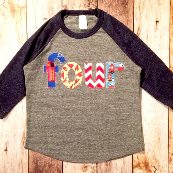 Fire truck birthday shirt Boy four 4th Birthday Navy and Grey Raglan blue aqua teal turquoise red firetruck man hate ladders firemen rescue