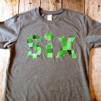 six spelled Triblend grey tnt ANY NUMBER green 8 pixel video game Fabric Birthday Shirt older kids 6th 6 birthday boy tnt water land