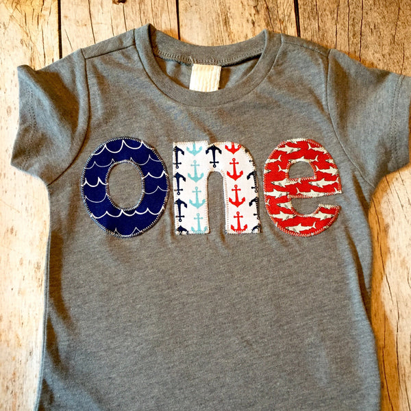 ocean waves birthday shirt shark jolly roger skull boat nautical ocean ship pirate anchor on heathered grey 1 boys first red white and blue