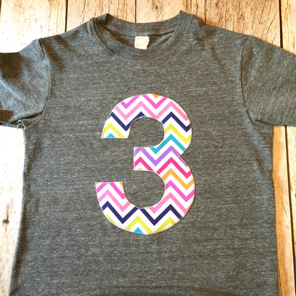 3 for 3rd girls Birthday shirt triblend grey Rainbow Chevron Any Number 1 2 3 4 5 6 7 8 third three year old aqua purple teal red green blue