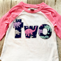 Girls 2nd two Birthday for 2 year old- girl dinosaur 2 on Girls Pink and White Raglan-  Number Birthday Shirt kids tshirt