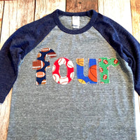 Four sports balls Birthday Shirt navy blue and grey Boys Birthday Shirt 4th Birthday Year Old 4 year old football baseball soccer basketball