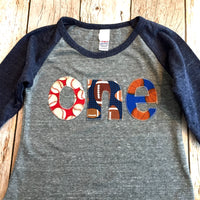 Sports balls one birthday shirt navy grey Boys Birthday Shirt 1 Year Old 1st Birthday raglan basball football basketball party favors cake