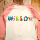 Girls pink flower birthday shirt Custom monogram applique words Personalized Add NAME Nickname, Initials, Baseball Shirt, Letters boys girl