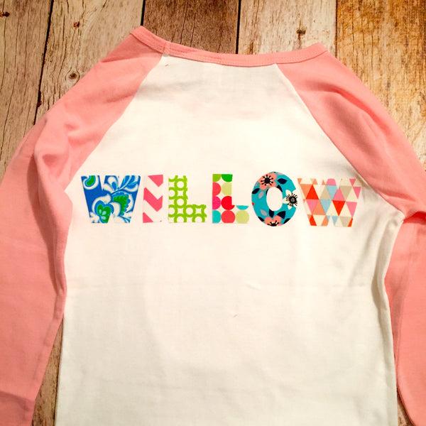 Girls pink flower birthday shirt Custom monogram applique words Personalized Add NAME Nickname, Initials, Baseball Shirt, Letters boys girl