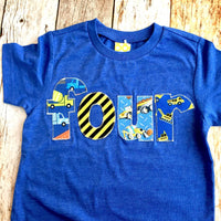 Royal blue 4 Construction truck birthday shirt four years old 4th boys outfit dumptruck loader digger semi dump cement backhoe car builder