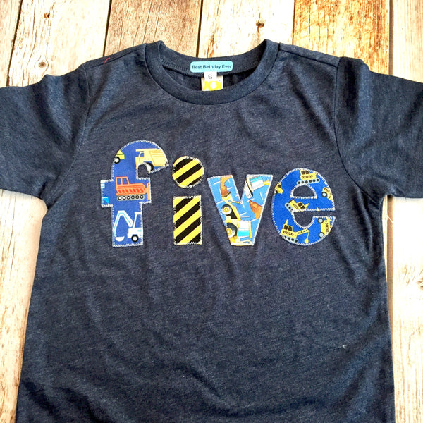 Five Construction dump truck Boys Birthday Shirt 5 5th Short Sleeve Birthday Shirt indigo navy dumptruck digger loader Birthday Tshirt zone