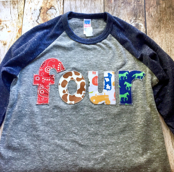 4th four fourth Tractor farm barn animals navy and grey tractor bandana horse cow pig Boys Birthday Shirt Birthday Year Old 4 year old