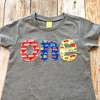Cars Birthday Shirt one red blue yellow trucks for boys 1st primary colors construction dumptrucks bus vehicles transportation grey baby