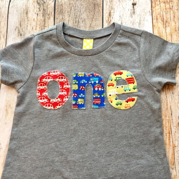 Cars Birthday Shirt one red blue yellow trucks for boys 1st primary colors construction dumptrucks bus vehicles transportation grey baby