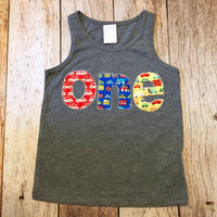 Cars Birthday Shirt grey tank top one red blue yellow trucks for boys 1st primary colors construction dumptrucks bus vehicles transportation