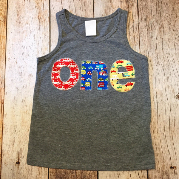 Cars Birthday Shirt grey tank top one red blue yellow trucks for boys 1st primary colors construction dumptrucks bus vehicles transportation