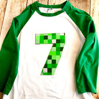 Mine pixel birthday shirt craft made kelly green baseball raglan ANY NUMBER green 8 pixel video game Fabric Birthday Shirt 7th 8th 9th tnt 6