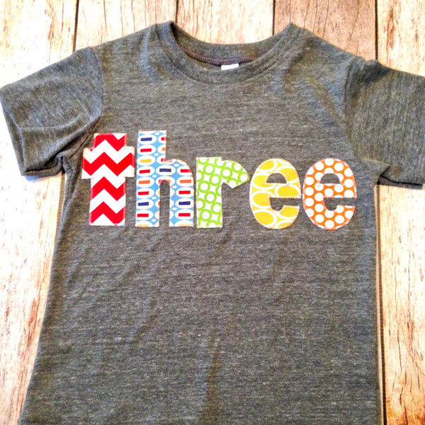 Birthday Shirt pez Athletic grey Short Sleeves three in green, blue, yellow, red and orange letters