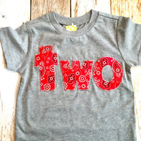 Two 2 2nd second Bandana farm Birthday Shirt boys red barn animls cowboy cow horse toy on heather grey cotton sleeve birthday shirt