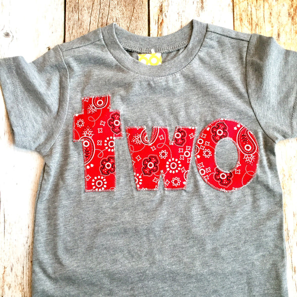 Two 2 2nd second Bandana farm Birthday Shirt boys red barn animls cowboy cow horse toy on heather grey cotton sleeve birthday shirt