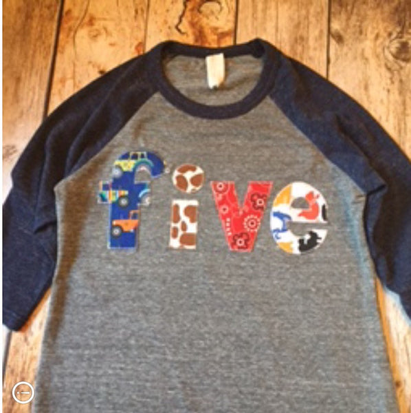 Tractor farm birthday shirt, 5th barn animals outfit, navy and grey Boy five, 5 year old raglan, cow horse  cowboy bandana pig cat duck