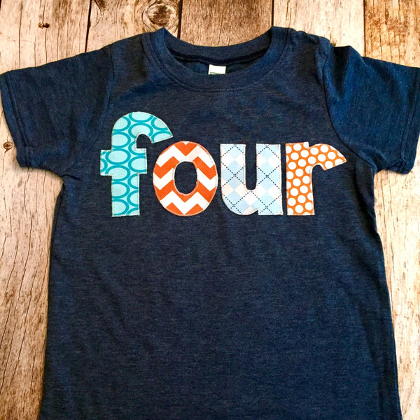 four for 4th Birthday Number Shirt navy blue aqua orange white teal 4 fourth boys outfit party cake invitation theme octopus fish ocean sea