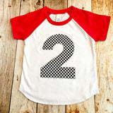 Short sleeves Race track Car birthday shirt Check Flag Boys 3 on a Red and White baseball Raglan 1st 2nd 3rd 4th 5th trucks racetrack stop