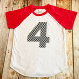 4 four Short sleeves Race track Car birthday shirt Check Flag Boys on a Red and White baseball Raglan 1st 2nd 3rd 4th 5th trucks racetrack