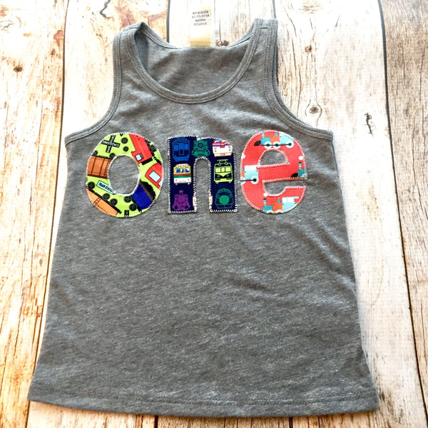 Train track 1 Birthday Shirt grey tank top one for boys 1st first caboose locomotive railroad tank engine vehicle car truck sleeveless baby