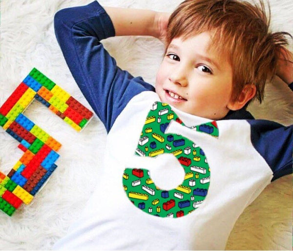 5th construction block 5 Birthday shirt Building Brick green scatter Navy and White Raglan boys toys party cake stem coding 3rd 4th 6th 7th