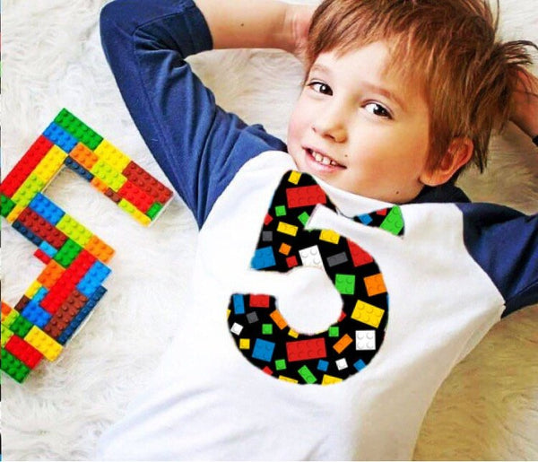 5th construction block 5 Birthday shirt Building Brick on black Navy and White Raglan boys toys party cake stem coding 3rd 4th 6th 7th