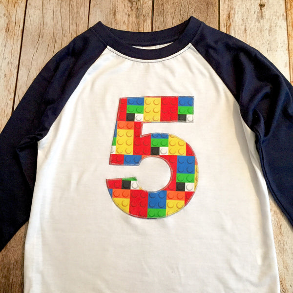 5th construction block, 5 Birthday shirt, Building Brick, primary colors, Navy and White baseball Raglan, boys toys, bricks party, red, blue