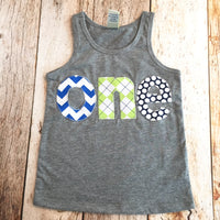 Navy royal blue lime green Birthday Shirt grey tank top one for boys 1st first 1 year old party invitation cake favor photography cake smash