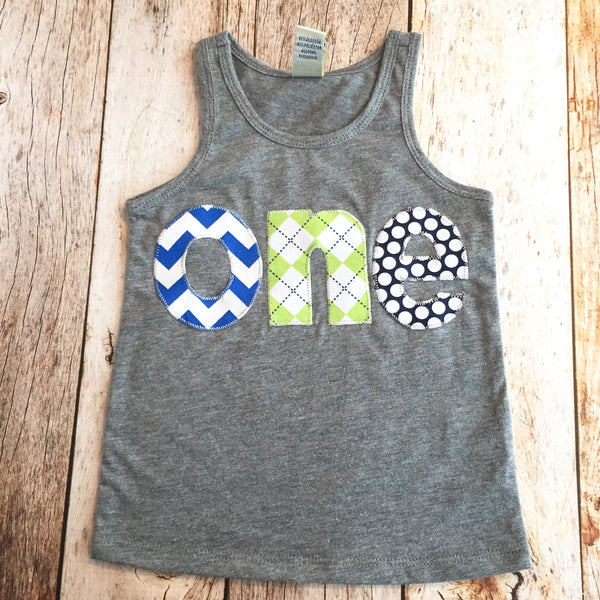 Navy royal blue lime green Birthday Shirt grey tank top one for boys 1st first 1 year old party invitation cake favor photography cake smash