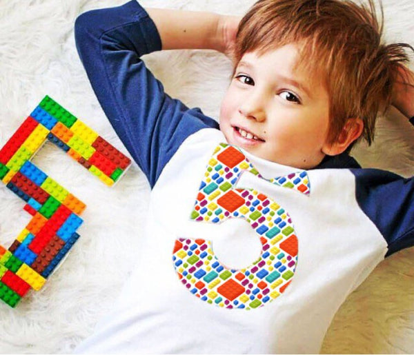 5th construction block 5 Birthday shirt Building Brick on white Navy and White Raglan boys toys party cake stem coding 3rd 4th 6th 7th