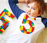 5th construction block 5 Birthday shirt Building Brick primary black white  Navy and White Raglan boys toys party cake stem coding 3rd 4th