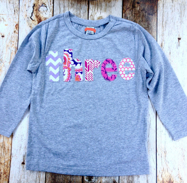 3 three birthday shirt Long Sleeve Heather Grey Shirt with girls third birthday pink fuchsia purple cake Color Number Birthday Shirt one 3rd