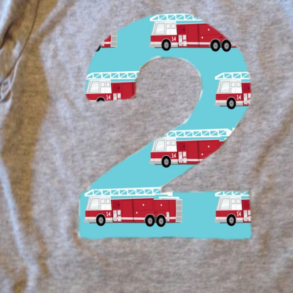 Fire truck firetruck  Birthday Shirt Long Sleeve Any Number 1 2 3 4 5 6 7 8 9 2nd two boys engine men hose hat dalmation rescue vehicle aqua
