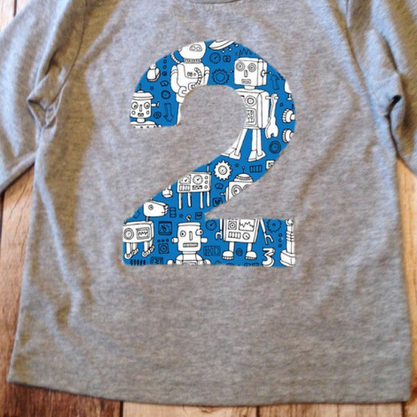 Blue Robot Birthday Shirt Any Number 1 2 3 4 5 6 7 8 9 boys technology stem science engineering machine building coding alien space rocket