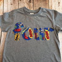 Superhero Birthday Shirt 4 super hero four 4th fourth man pow bang lightning bolt electricity science energy