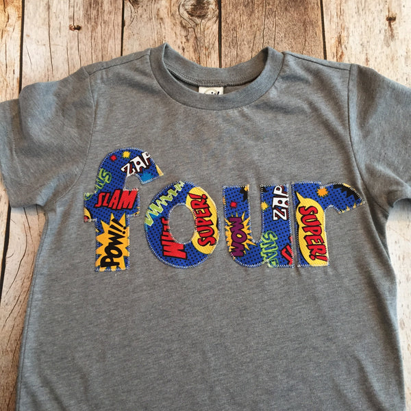 Superhero Birthday Shirt 4 super hero four 4th fourth man pow bang lightning bolt electricity science energy