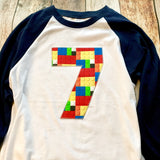 6th construction block 6 Birthday shirt Building Brick primary black white Navy and White baseball Raglan boys toys party cake coding 3 4 5