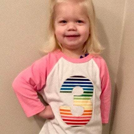 rainbow Birthday shirt, pink and white raglan, girls birthday shirt, unicorn birthday shirt, rainbow stripe outfit, 3 year old, three shirt